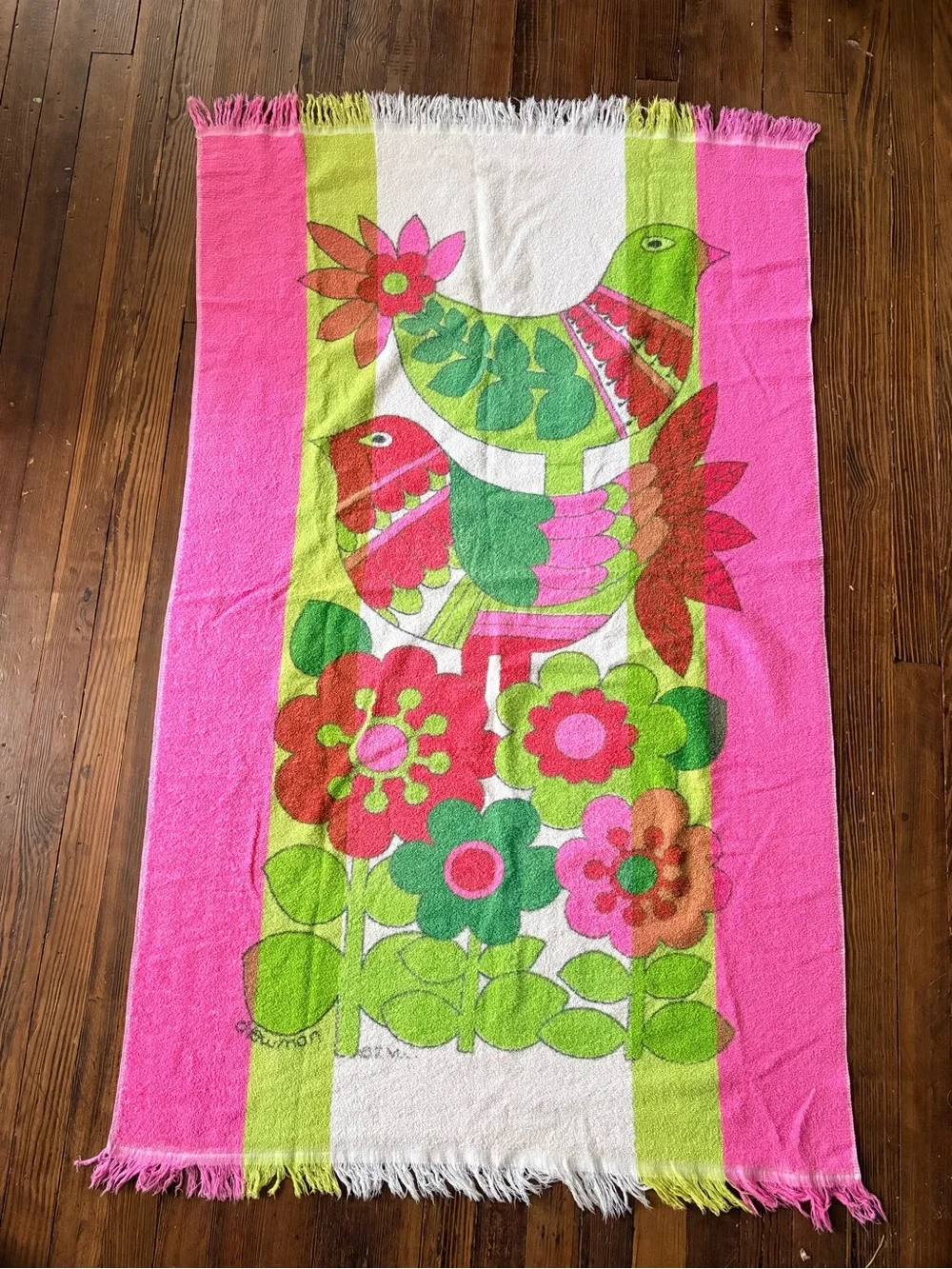 Vintage 1960’s Bright Pink & Green Floral Bird Beach Towel - Home Bath